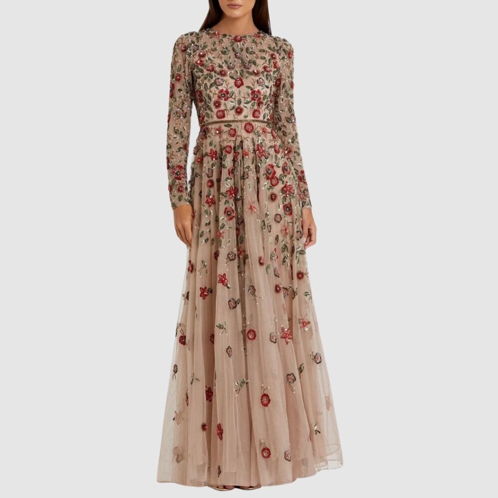 Mac Duggal 5533 Size 8 Beige Red Floral Long Sleeve Beaded Tulle Maxi Dress Gown - Picture 5 of 7